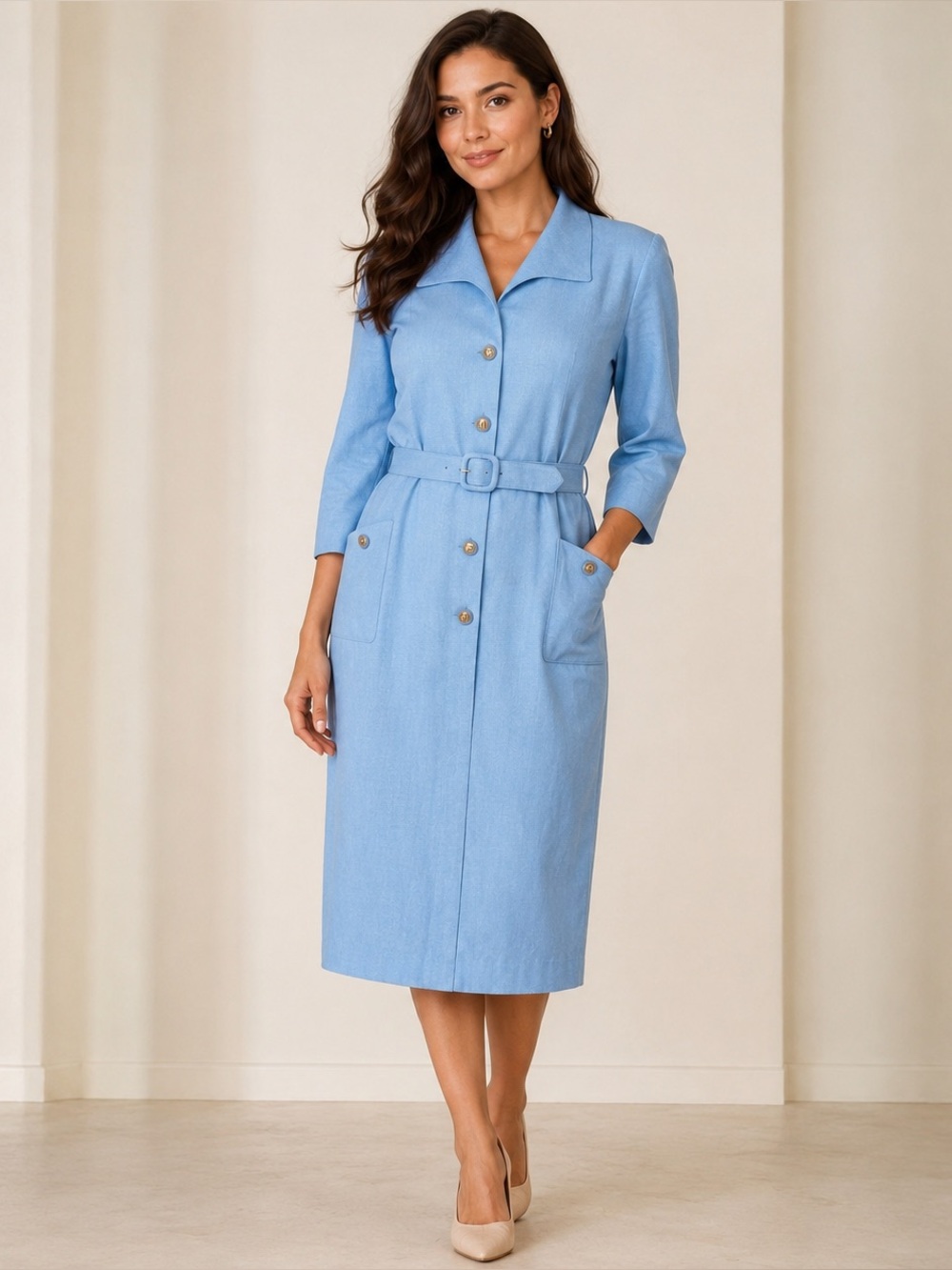 Vintage Henry-Lee Blue Belted Midi Shirt Dress 14P Petites